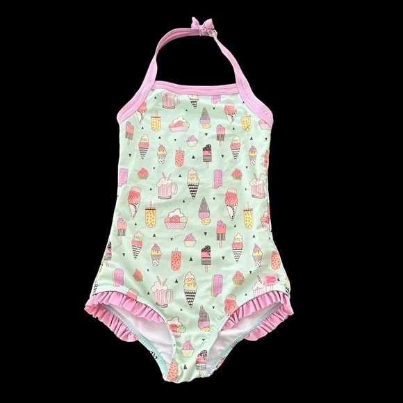 Ruffle Butts Girls 10 Aqua One Piece Swimsuit Halter Ice Cream Popsicle Ruffle - Picture 1 of 5